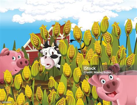 Cartoon Scene With Life On The Farm With Cow And Pig Near The Corn