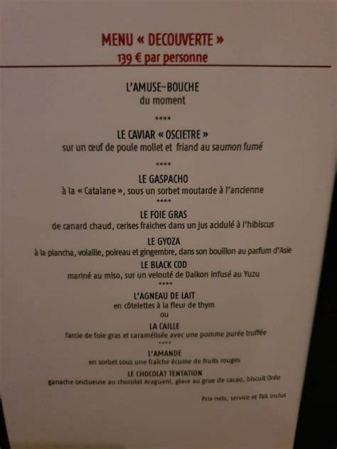 Menu at L Atelier de Joël Robuchon restaurant Paris