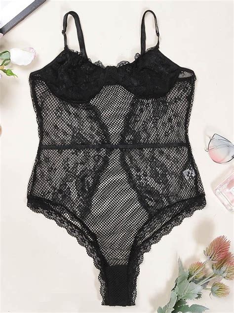 See Through Lace Split Joint Bodysuit Lingerie