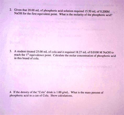 SOLVED 2 Given That 20 00 ML Of Phosphoric Acid Solution Required 15