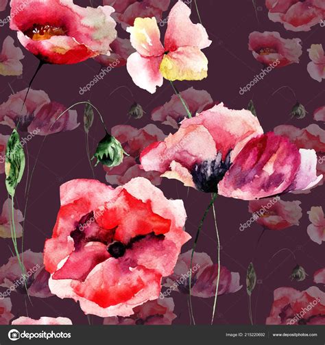 Seamless Wallpaper Poppies Flowers Watercolor Painting Tile Wallpaper