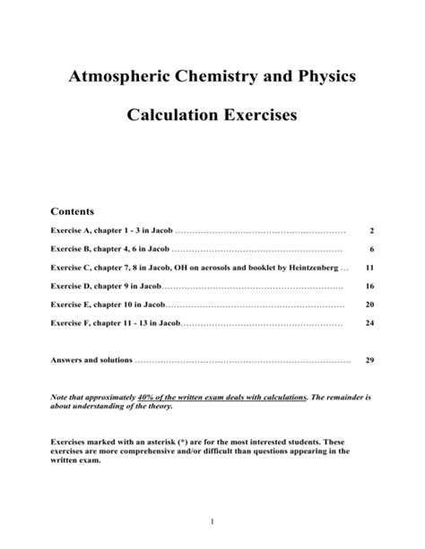 Atmospheric Chemistry And Physics Calculation Exercises Contents