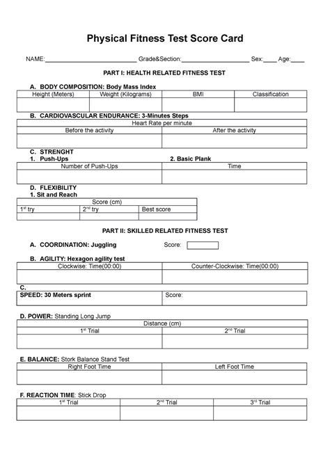 Physical Fitness Test Score Card Physical Fitness Test Score Card Name