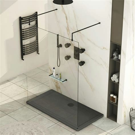 Marbella Walk Through Wet Room Shower Screen 8mm 2 Matt Black Support