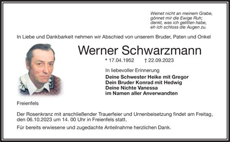 Traueranzeigen Von Werner Schwarzmann Nordbayerischer Kurier