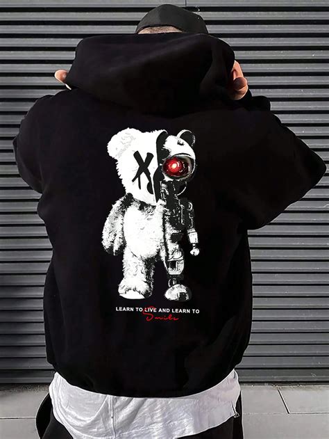 Manfinity Men Bear And Slogan Graphic Kangaroo Pocket Drawstring Hoodie