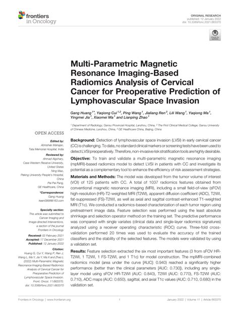 Pdf Multi Parametric Magnetic Resonance Imaging Based Radiomics