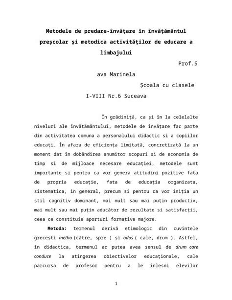 Doc Metode De Predare Invatare In Invatamantul Prescolar Si Metodica