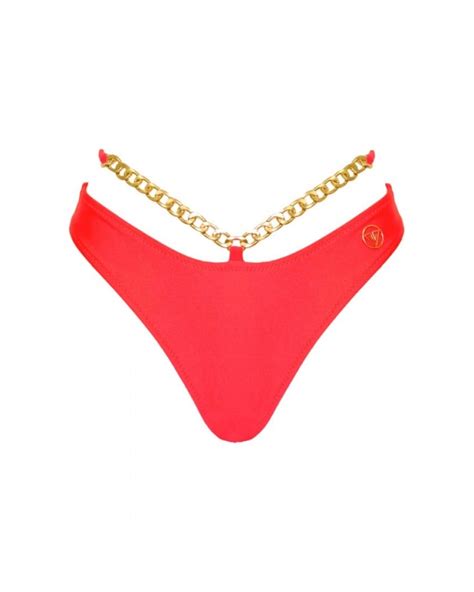 Red Brazilian Mid Rise Bikini Bottom With Chain Strap Xs Vivien Vance