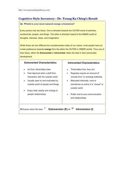 Cognitive Style Inventory : Dr. Yeung Ka Ching's Result