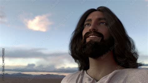 Jesus Cristo Sorrindo E Olhando Para O Céu Em Um Lugar Deserto Stock