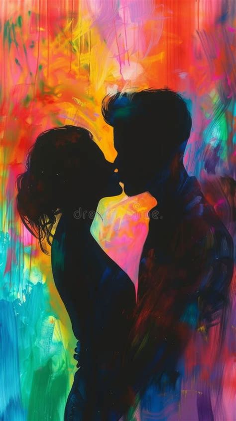 Silhouette Of A Romantic Couple Kissing Against A Vibrant Multicolored Abstract Background