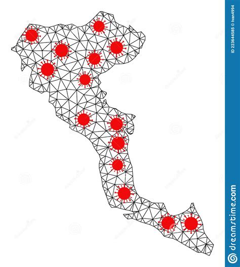 Carcass Polygonal Map Of Corfu Island With Red Virus Nodes Stock Vector