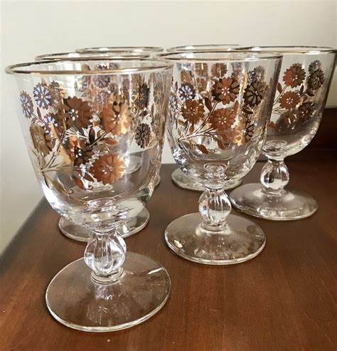 Set Of Vintage Short Stemmed Wine Glasses With Gold And Blue Flowers