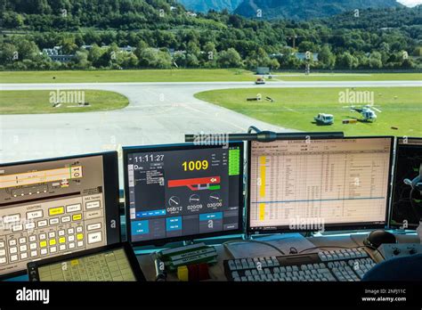 Switzerland Canton Ticino Lugano Agno Airport Control Tower Stock