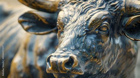 A Close Up Of A Bronze Statue Of A Bull With Its Head Lowered And