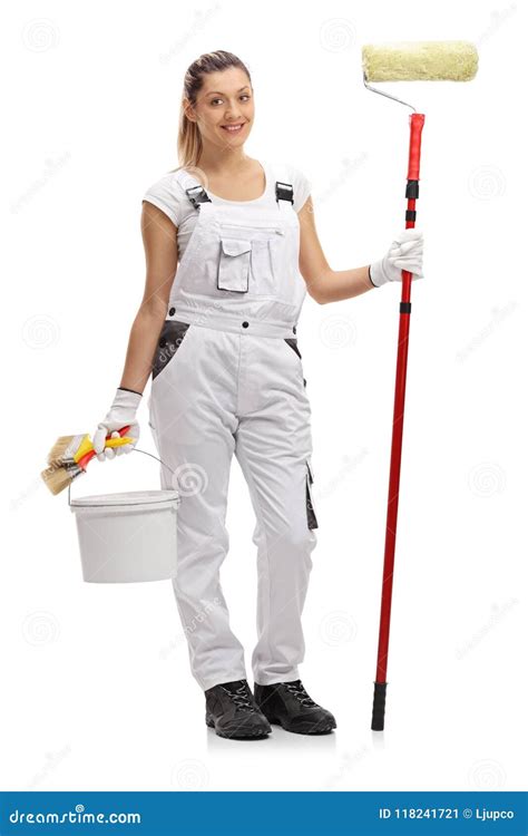 Female Painter Holding A Paint Roller And A Color Bucket Stock Image