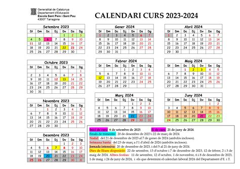 Calendari Escolar Curs 2023 2024 Escola Sant Pere I Sant Pau