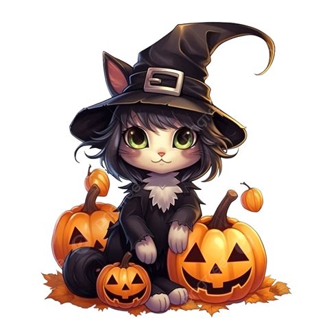 Cute Witch Cat Sitting On Pumpkin Halloween Illustration Halloween Hat