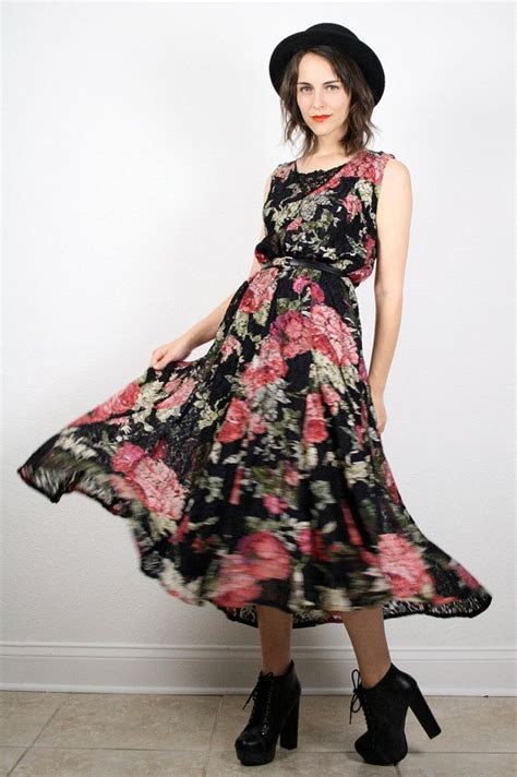 Vintage Grunge Dress 90s Dress Maxi Dress Black Floral Print Dress Lace