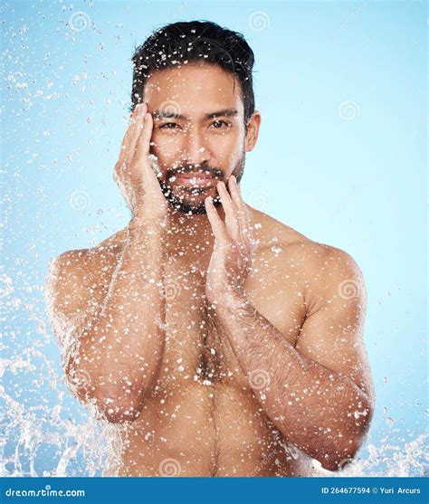 Portrait Water Splash Or Man In Shower In Studio Cleaning His Face Or