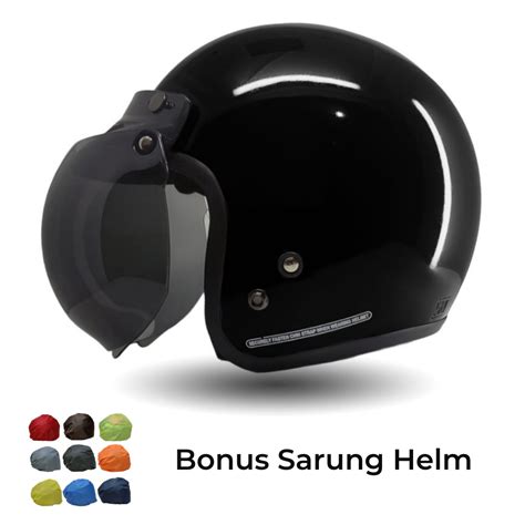 Helm Bogo Dewasa Retro SNI Bonus Sarung Helm All Size Hitam Glossy