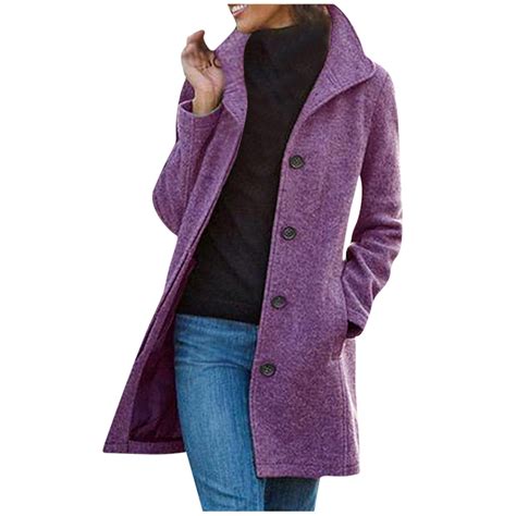 Qolati Pea Coats For Women Winter Stand Collar Single Breasted Wool Blends Coats Woolen Long