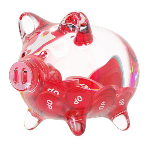 Optimism Op Clear Glass Piggy Bank With Decreasing Piles Of Crypto