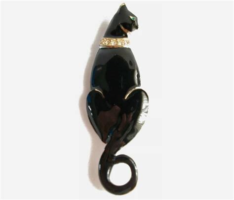 Vintage Enamel And Rhinestone Black Cat Brooch Unsigned Late 20th