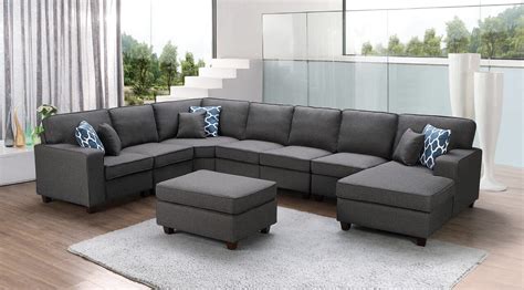 Irma Dark Gray Linen 8Pc Modular Sectional Sofa Chaise and Ottoman ...