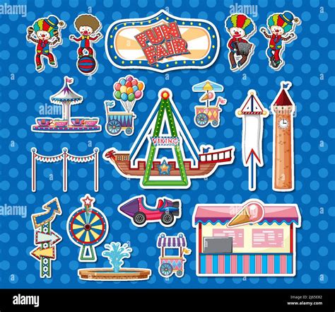 Sticker Set Of Amusement Park Objects And Cartoon Characters