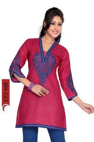 Indian Selections Hot Pink Cotton Kurtitunic With Blue Embroidery Large Clothes Cool