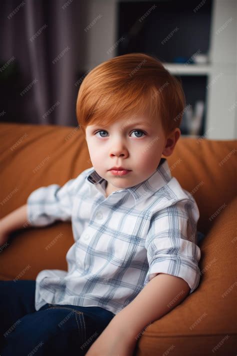 Portrait Dun Adorable Petit Garçon Assis Sur Le Canapé à La Maison