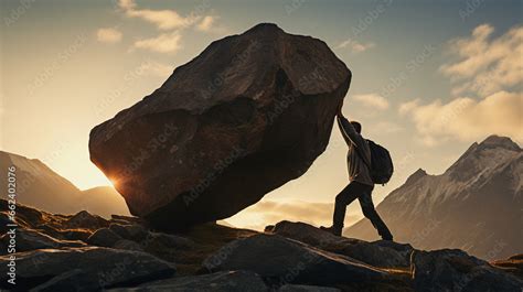 Silhouette Of A Man Carrying A Heavy Stone Boulder Uphill Ai