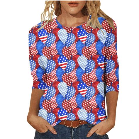 APEXFWDT Shirt 3 4 Sleeve American Flag Tops Women 4th Of July