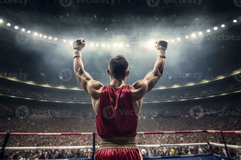 Boxer Celebrating Victory Raising His Hands Up View From The Back Ai