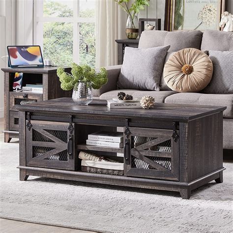 Okd Farmhouse Coffee Table With Storage Sliding Barn Doors Dark