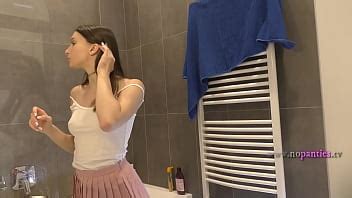 Braless Hot Brunette Skinny And Horny Babe In A Pink Mini Skirt To Show Her Beautiful Ass And