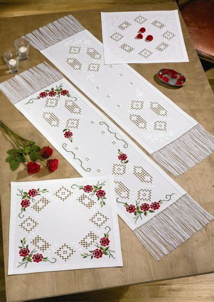 Hardanger Table Runner With White Roses Hardanger Kit By Permin Of