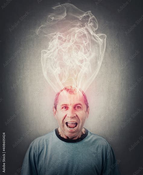 Angry middle aged man screaming and yelling, mind is boiling as dense ... 
