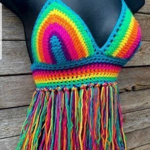 LoveFuzz Tops Neon Rainbow Crochet Bikini Top With Fringe Poshmark