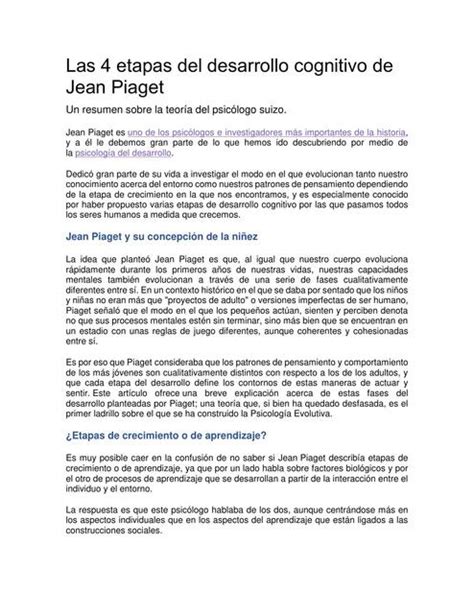 Las 4 Etapas Del Desarrollo Cognitivo De Jean Piaget Docspsicologia