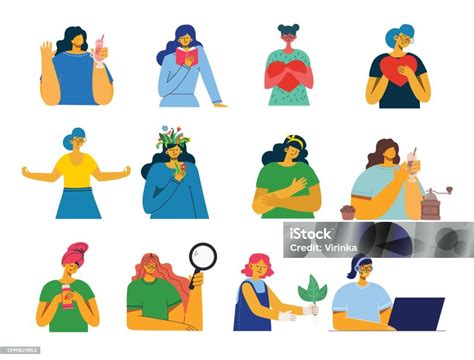 Seperangkat Wanita Dengan Tanda Yang Berbeda Buku Bekerja Di Laptop