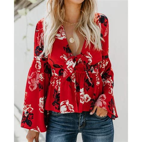 Primavera Floral Ruffle Camisas Soltas Das Mulheres Manga Comprida V Neck Bandage Blusa Feminina