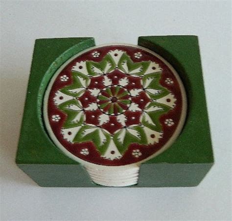 Ceramic Tile Coaster Set 6 Round Ceramic Coasters Wood Stand - Etsy