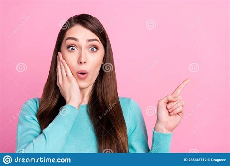 Photo Of Impressed Funny Young Woman Wear Blue Sweater Arm Cheek