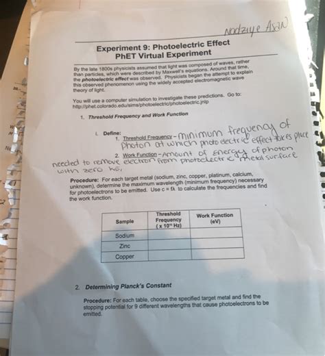 Solved Experiment 9 Photoelectric Effect PhET Virtual Chegg