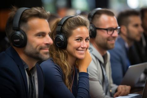 Premium Photo A Woman With Headphones On Her Head Is Sitting In Front