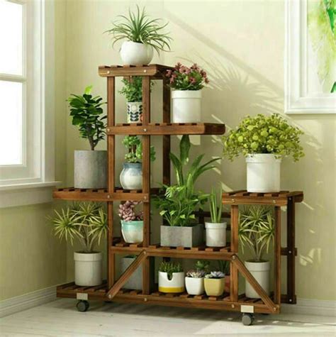 UNHO Wooden Plant Stand With Wheels Multi Layer Rolling Plant Flower