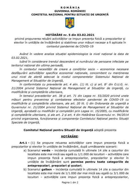 Hot R Rea Nr Din A Comitetului Na Ional Pentru Situa Ii De Urgen Cu Privire La